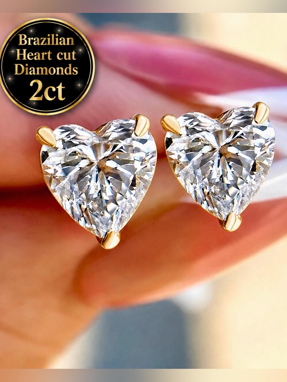 Certified Diamonds Heart studs Earrings -2ct-14k Yellow Gold on 925